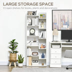 White open shelving bookcase with 11 open shelves for books, booksends, and decor