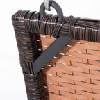 Rattan swing bench armrest corner with dark woven texture and metal hook