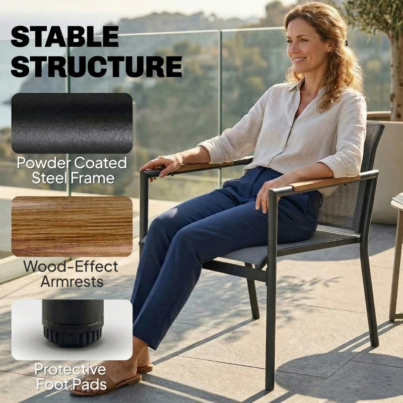 Grey outdoor armchair with wood-effect armrests and protective foot pads