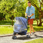Blue pet dog stroller with rain cover, four-wheel design, front canopy view for small dogs.