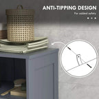 Grey bathroom storage cabinet with anti-tipping strap at the base for added stability.