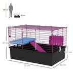Freestanding small animal cage with purple frame, blue ramp, platform and magenta hide