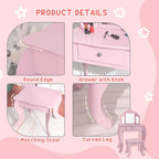 Pink vanity table set details: drawer knob, curved legs, and matching stool