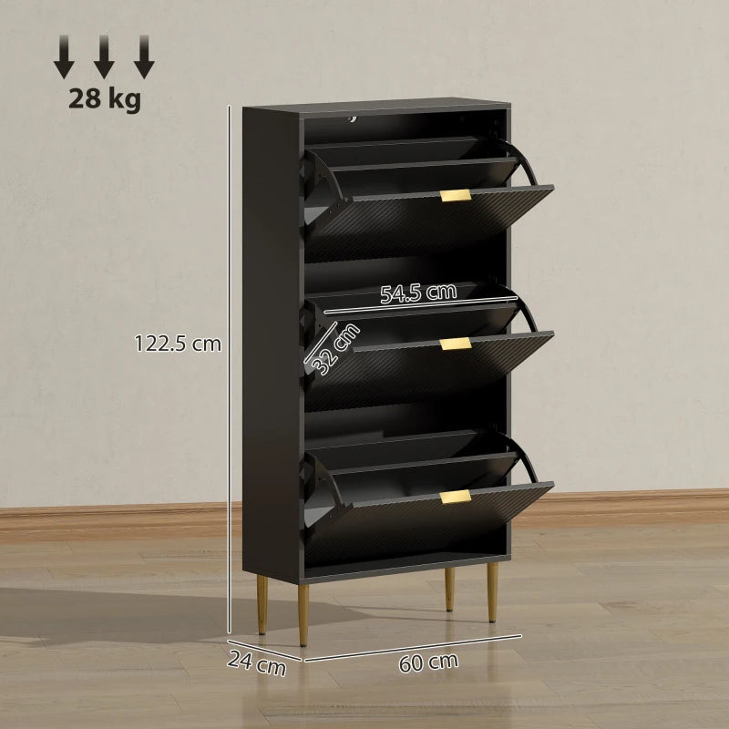 Black 3-shelf shoe cabinet with open compartments and gold pull handles, side view.