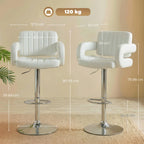 White bar stools with backrest and armrests, swivel base shown with size measurements