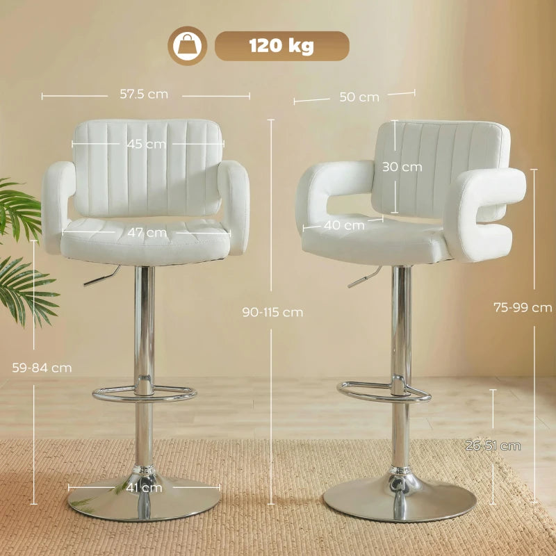 White bar stools with backrest and armrests, swivel base shown with size measurements