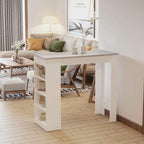 White bar-height table with grey top and open shelf storage