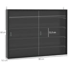 Black wall display cabinet with glass doors, side view showing dimensions and shelf bays