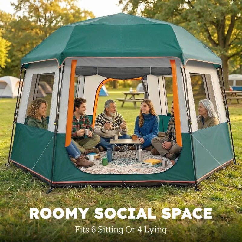 Green cabin tent with front opening, side panels, and mesh windows; family inside