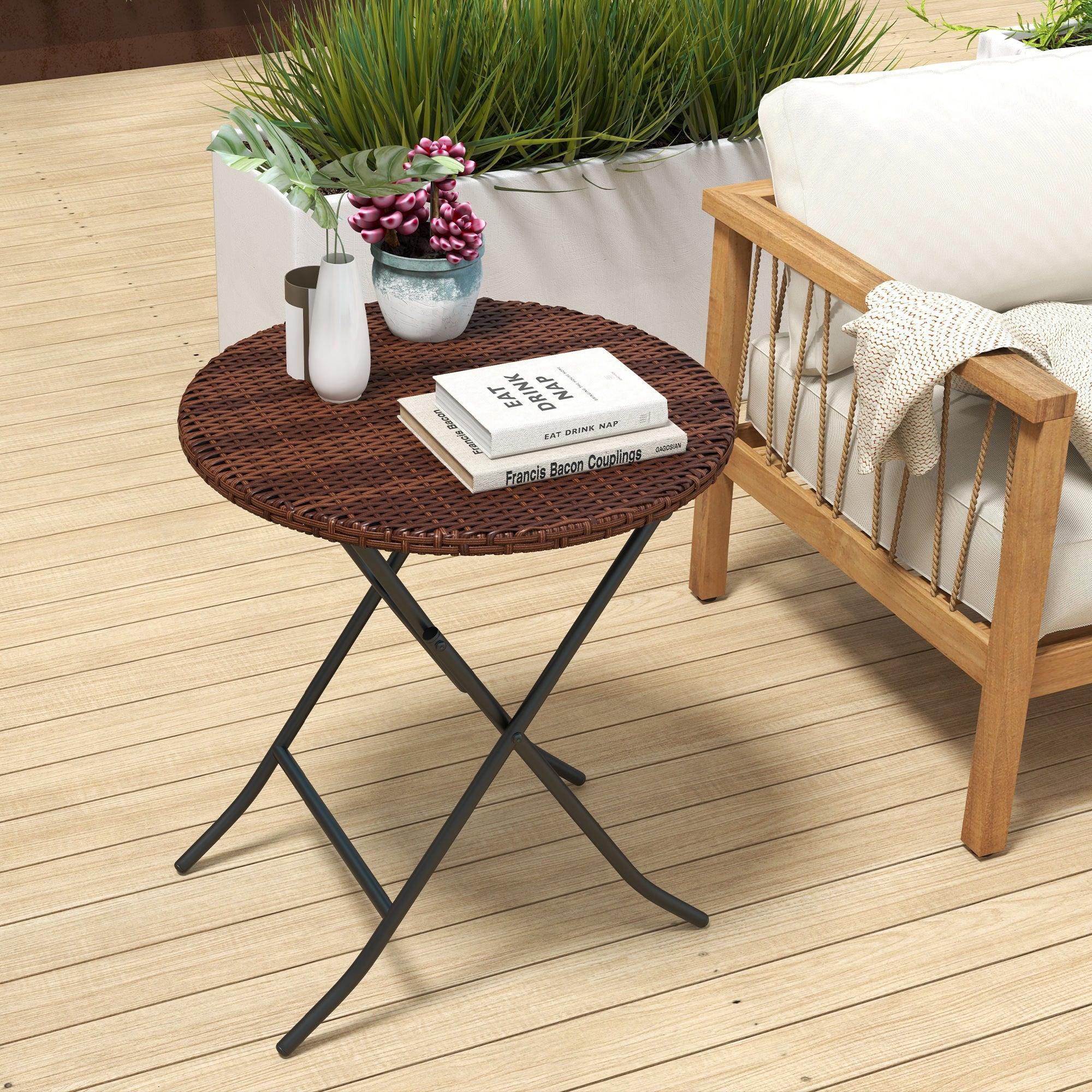 Foldable PE Rattan Outdoor Coffee Table, Metal Frame Wicker Round Side Table, Coffee Table Side Table for Lawn, Garden, Mixed Brown - Bobobiy