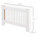 White slatted radiator cover cabinet with front vertical grill and open side panels