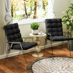 Black patio chair seat and back cushions on folding chairs, tie straps