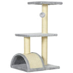 Light grey cat tree with three platforms, sisal posts, and top hanging ball