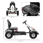 White kids pedal go-kart with black seat and handlebars, front and side view with measurements