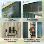 Metal shed features: vents, clear windows, lock and keys, and double sliding doors.