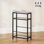 Black narrow end table with tempered glass top and three open storage levels.