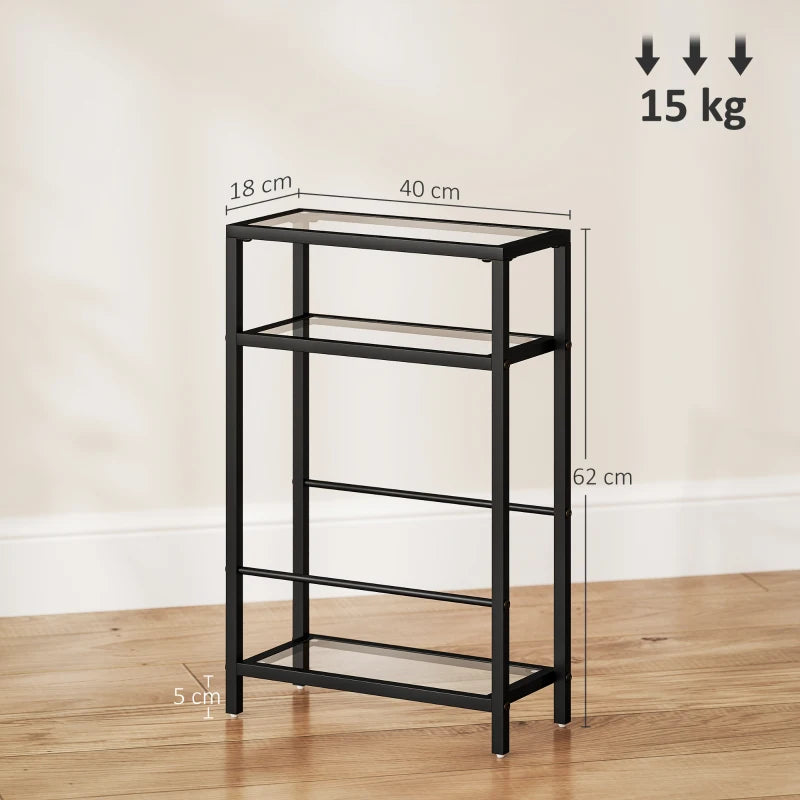 Black narrow end table with tempered glass top and three open storage levels.
