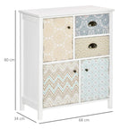 White sideboard cabinet with patterned panels and four doors, bronze knob hardware