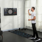 Wall-mounted bristle dartboard cabinet with steel-tip darts and blue floor throw mat.