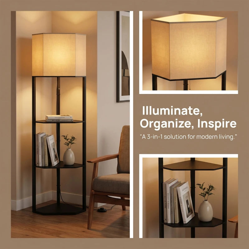 Black floor lamp with lit fabric shade and three-tier open shelves