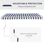 Retractable awning with dark blue and white striped canopy and decorative fringe trim