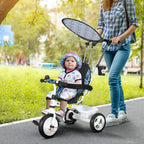 Blue kids tricycle with canopy and 5-point harness, stroller-style seat