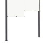 Cream-white side curtain panel and dark steel support post on outdoor pergola
