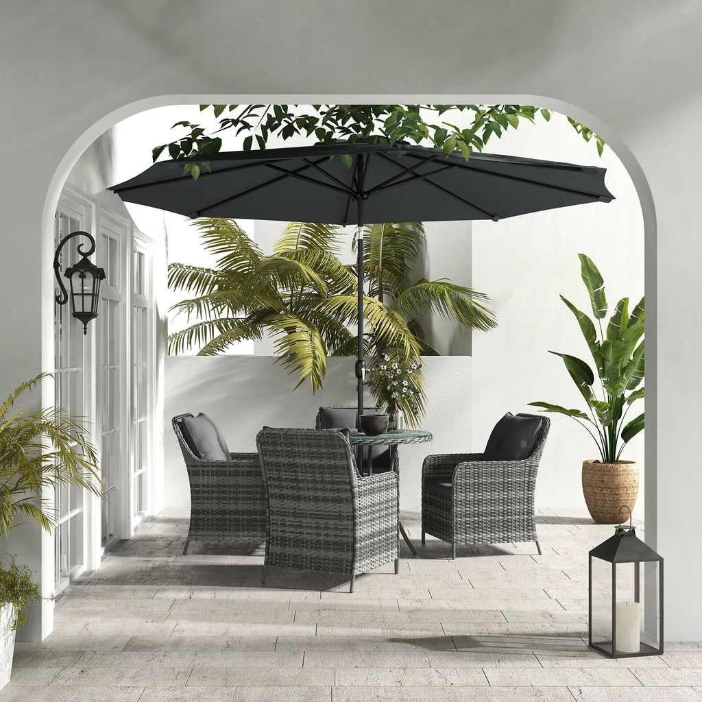 4 Seater Rattan Dining Set with Parasol & Cushions - Mixed Grey - Bobobiy