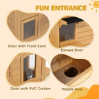 Outdoor wooden cat house showing front entry door, side escape opening, and round middle hole
