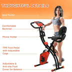 Exercise bike with padded seat and backrest, phone and tablet holders, wine red pedals