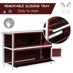 Two-tier wooden guinea pig hutch showing front mesh compartments and a white-framed side door