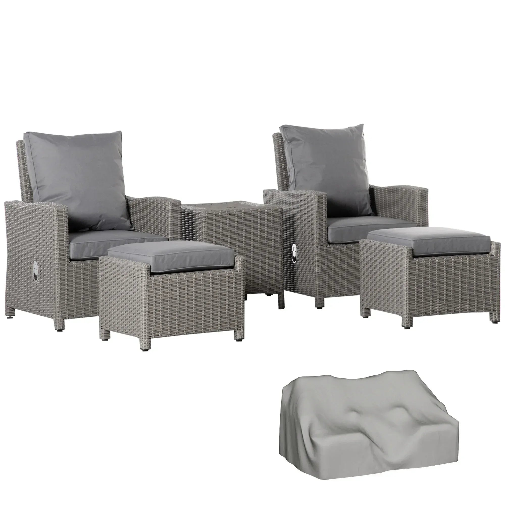 5 Pieces Outdoor PE Rattan Garden Furniture with Cushions, Patio Lounge Adjustable Backrest Chairs, Footstools and Cooler Bar Coffee Table & Cover, Grey - Bobobiy