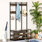 Hall tree coat rack with hooks, bench seat, and lower shoe rack shelves