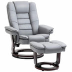 Gray PU leather recliner chair with padded footrest and swiveling round base