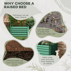 Light green raised garden bed planter shown outdoors in garden bed setup