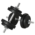 Black adjustable dumbbell with stacked weight plates and threaded steel rods