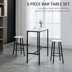 Black metal bar table with white marble-effect top and two white round-cushion stools