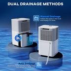 White dehumidifier with 2L tank area and hose drainage outlet on side