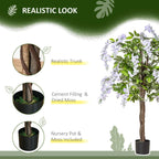 Artificial wisteria plant with purple-white blossoms, green leaves, and a black nursery pot