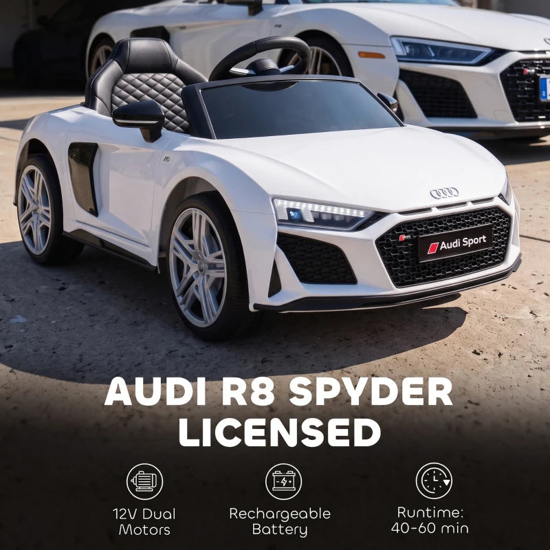 White open-top kids electric car with black grille, LED headlights, and sporty bumper
