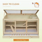 Wooden hamster cage with pull-out bottom tray and front-access opening