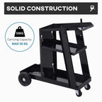 Black welding cart trolley with sturdy multi-tier frame and caster wheels