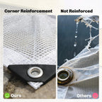 White PE tarpaulin corner with metal grommet, reinforced woven mesh detail
