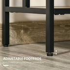 Close-up of console table adjustable footpads on black metal base, stable on floor