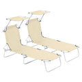 2 Pieces Outdoor Foldable Sun Lounger, 4 Level Adjustable Backrest Reclining Sun Lounger Chair with Angle Adjust Sun Shade Awning for Beach, Garden, Patio, Beige - Bobobiy