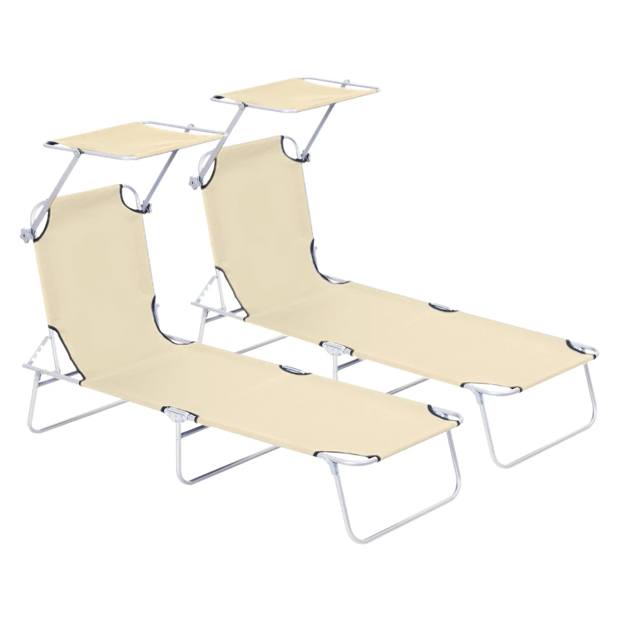 2 Pieces Outdoor Foldable Sun Lounger, 4 Level Adjustable Backrest Reclining Sun Lounger Chair with Angle Adjust Sun Shade Awning for Beach, Garden, Patio, Beige - Bobobiy