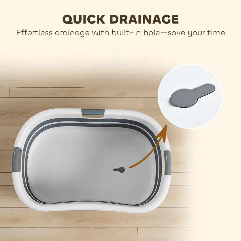 Grey-and-white dog bath tub with built-in drain hole for quick drainage