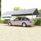 Grey carport canopy with open sides, black roof, silver car parked underneath outdoors