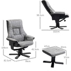 Grey fabric swivel recliner chair with footstool, black cross-leg base, angled side view.