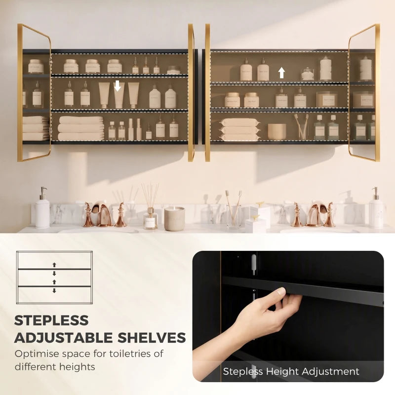 Bathroom mirror cabinet with open doors revealing adjustable interior shelves and storage